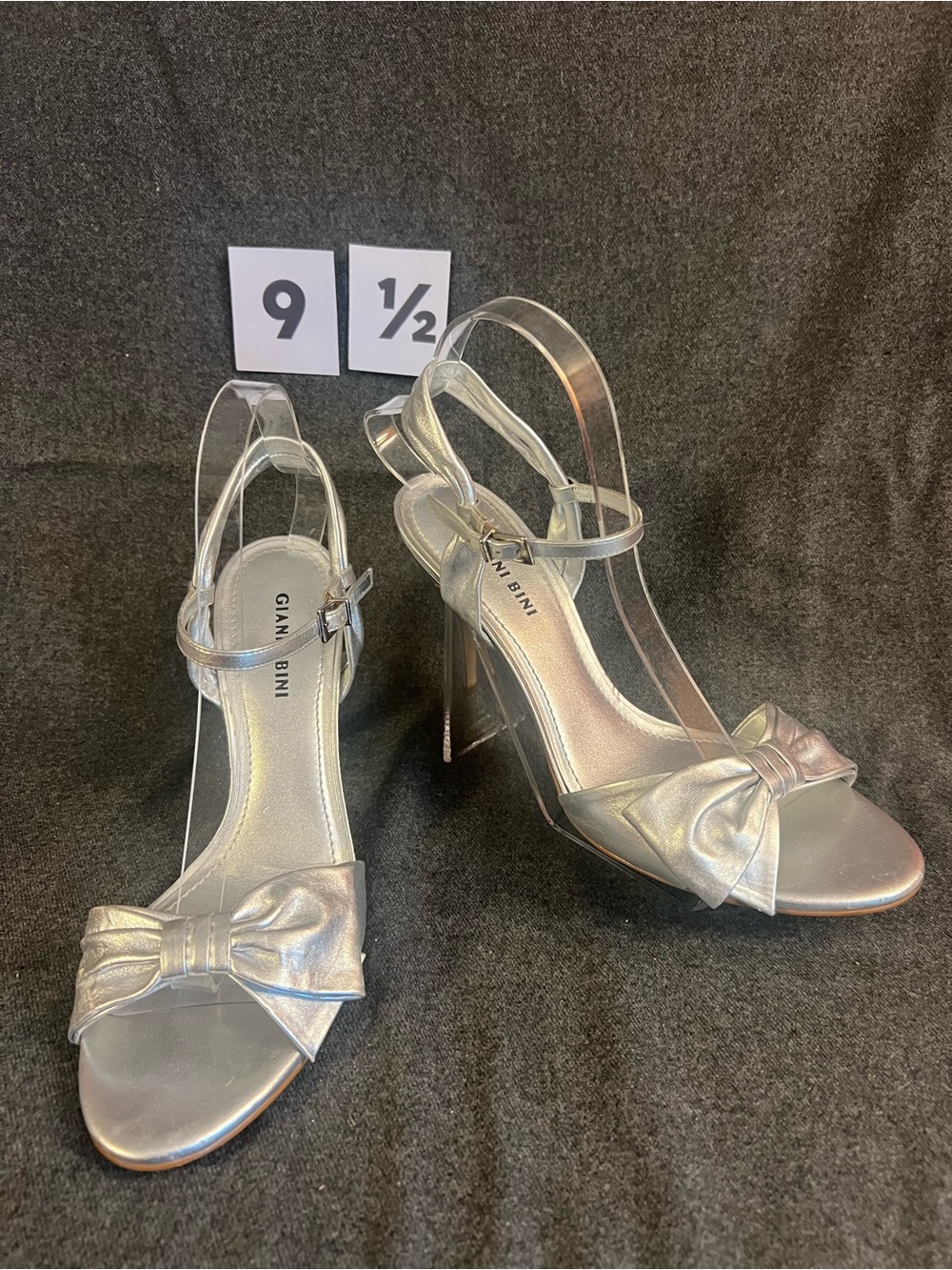Gianni Bini Metallic Silver Bow Ankle-Strap Stiletto Heels